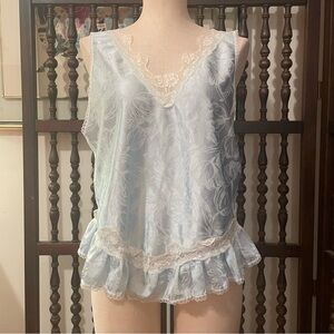 Vintage 80s Baby Blue & White Lace Floral Ruffle Fairycore Lingerie Top Size L